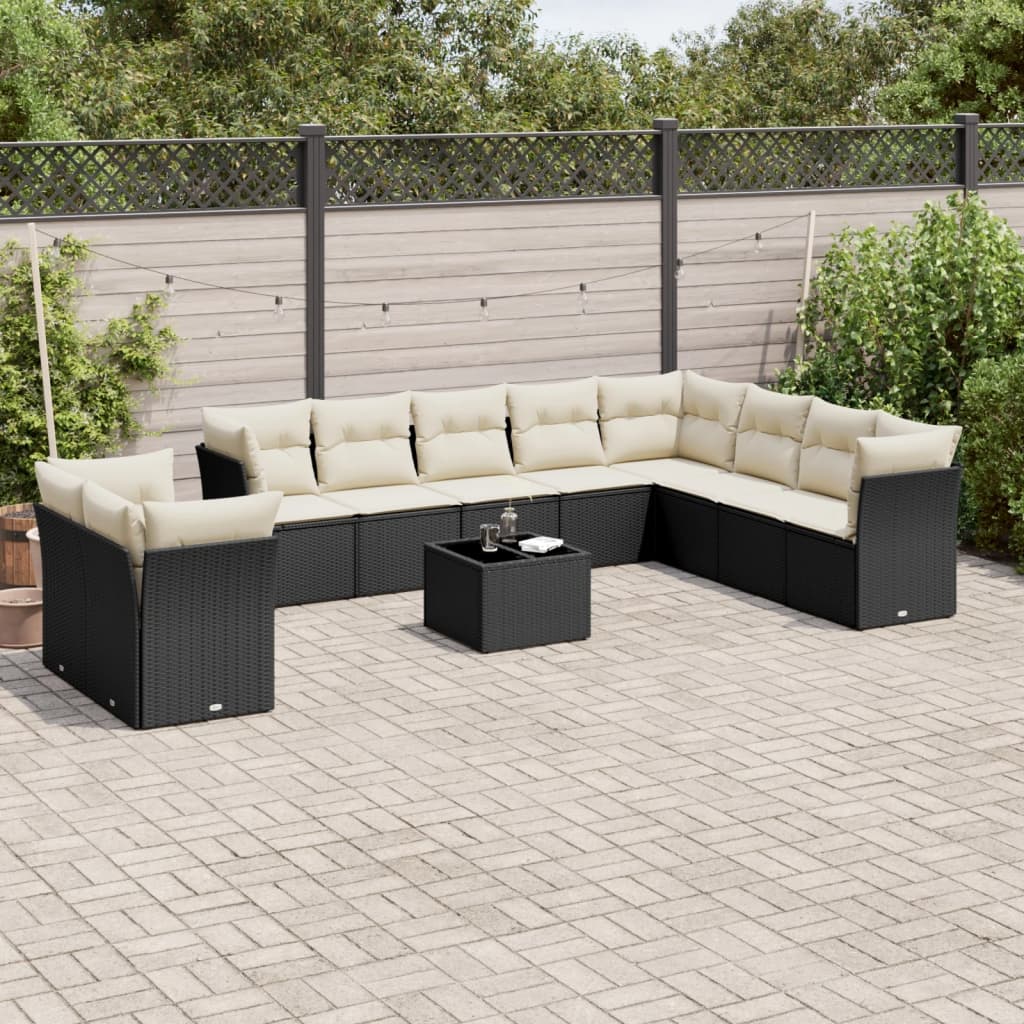 11 Pcs conjunto sofás de jardim c/ almofadões vime PE preto