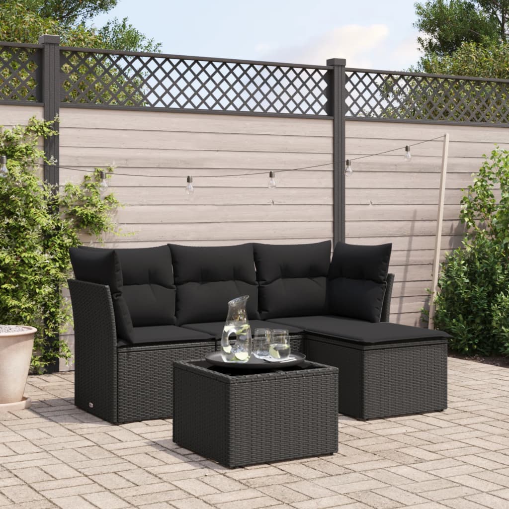 5 Pcs conjunto sofás de jardim com almofadões vime PE preto