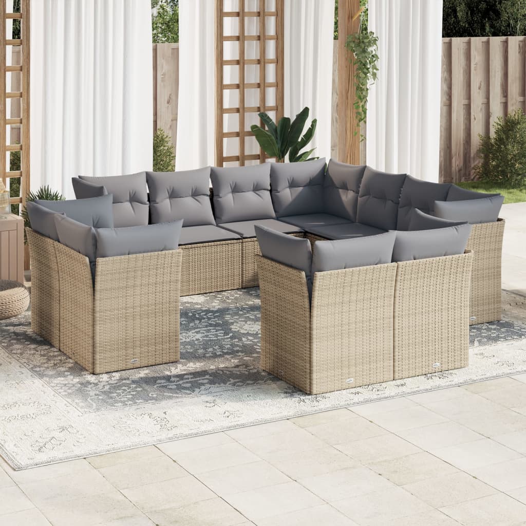 11 Pcs conjunto sofás de jardim c/ almofadões vime PE bege