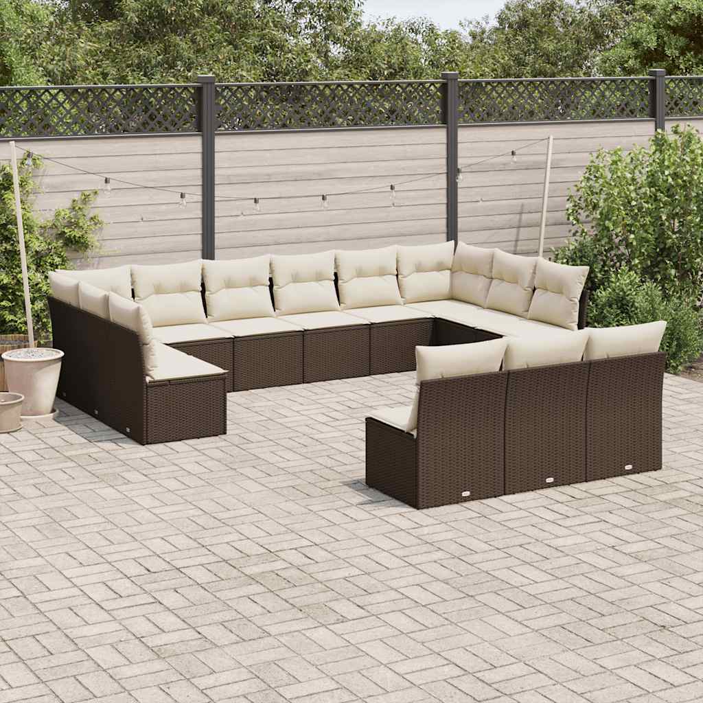 13 Pcs conjunto sofás p/ jardim c/ almofadões vime PE castanho