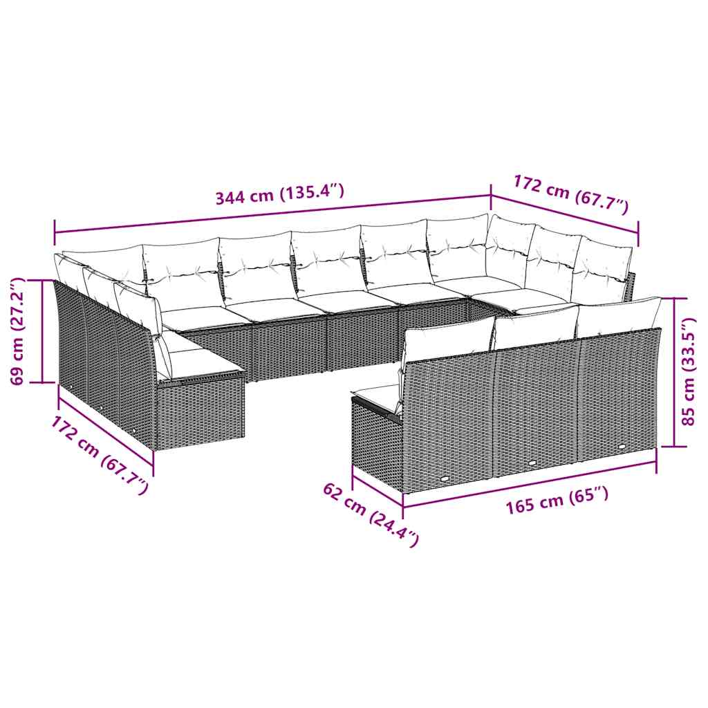13 Pcs conjunto sofás p/ jardim c/ almofadões vime PE castanho