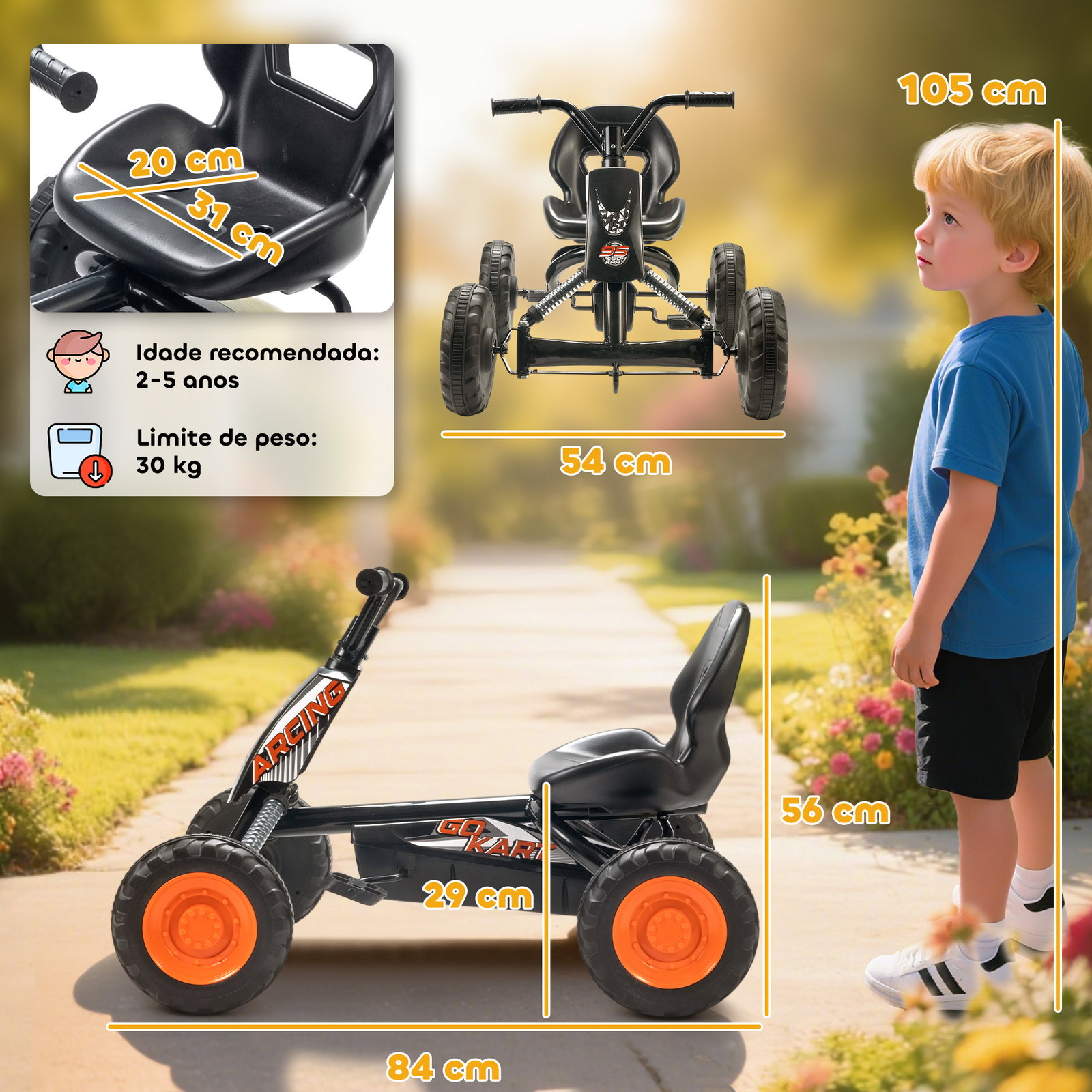 Kart a pedais go-kart com rodas PP estrutura de aço carga 30 kg para crianças 2-5 anos 84x54x56 cm preto