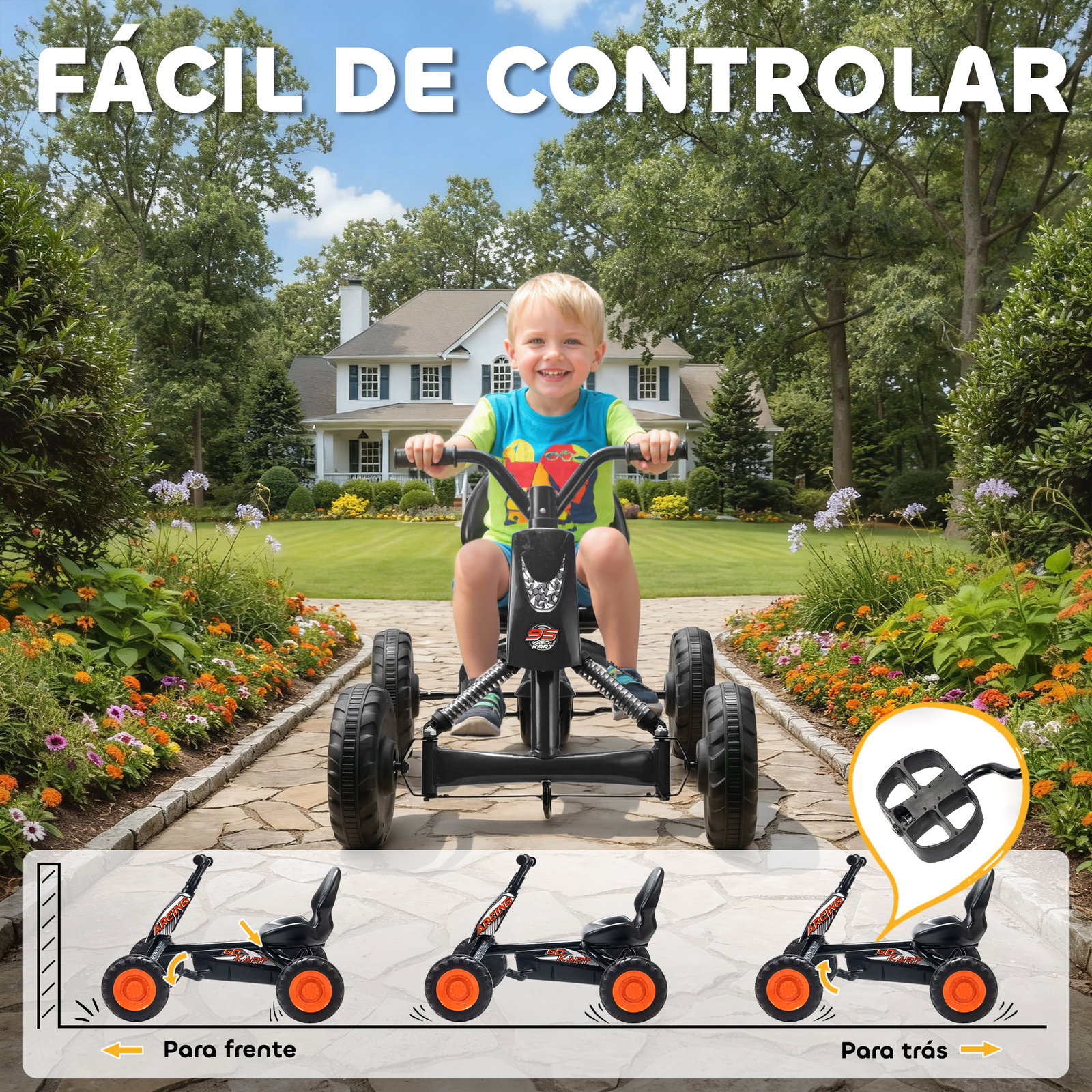 Kart a pedais go-kart com rodas PP estrutura de aço carga 30 kg para crianças 2-5 anos 84x54x56 cm preto