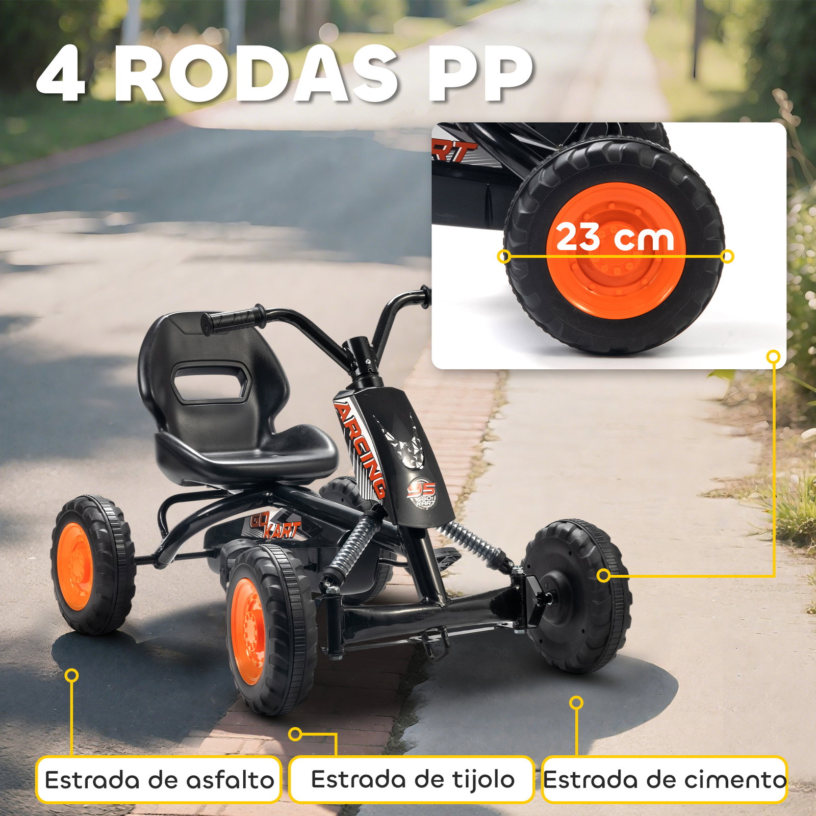 Kart a pedais go-kart com rodas PP estrutura de aço carga 30 kg para crianças 2-5 anos 84x54x56 cm preto