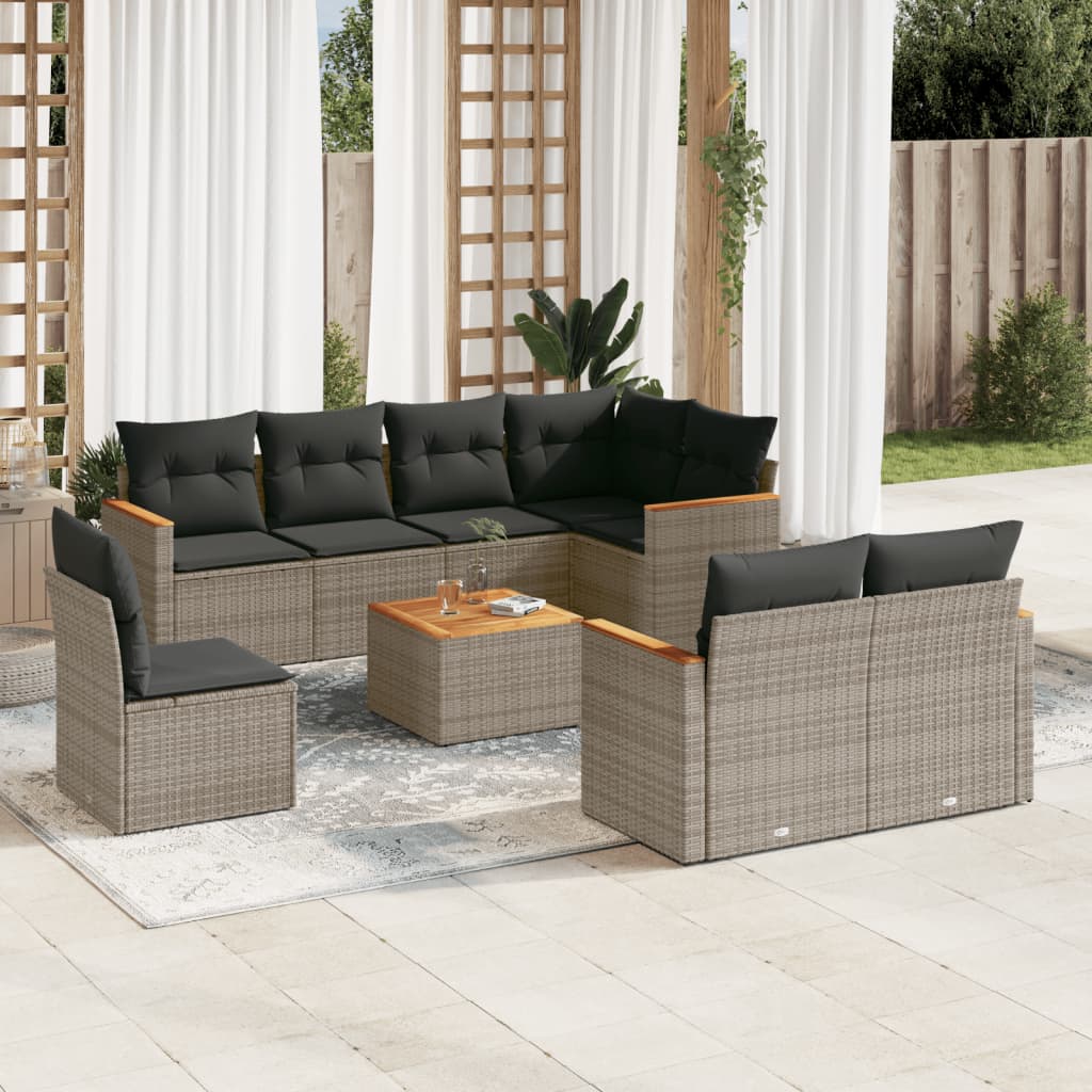 9 Pcs conjunto sofás p/ jardim com almofadões vime PE cinzento