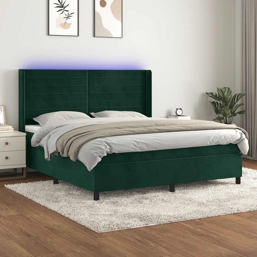 Cama box spring c/ colchão/LED 160x200 cm veludo verde-escuro