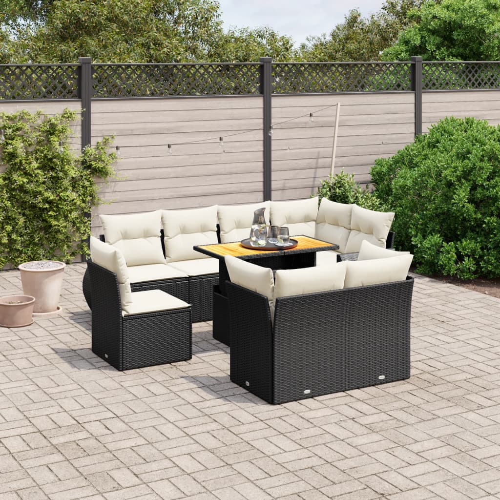 9 Pcs conjunto de sofás p/ jardim c/ almofadões vime PE preto