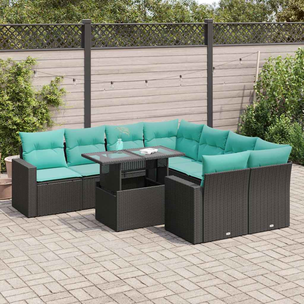 9 Pcs conjunto sofás p/ jardim almofadões vime PE/acácia preto