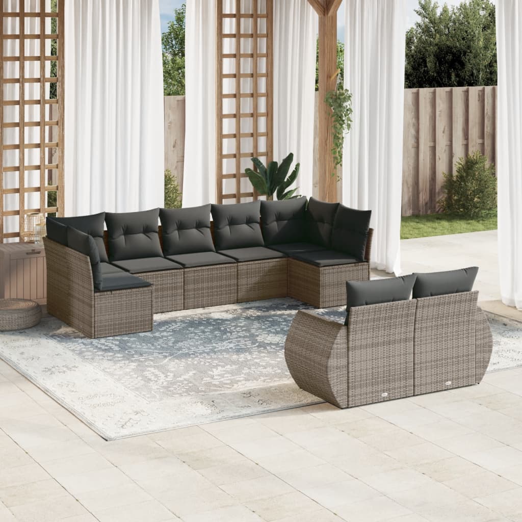 9 Pcs conjunto sofás p/ jardim com almofadões vime PE cinzento