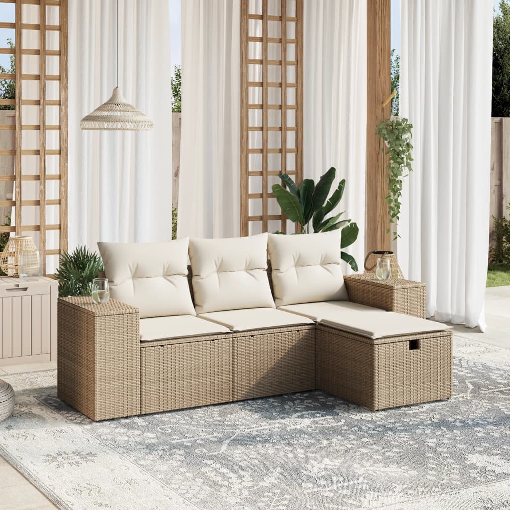 4 Pcs conjunto de sofás para jardim c/ almofadões vime PE bege