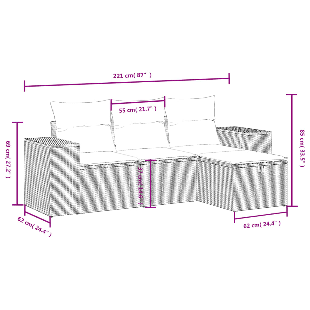 4 Pcs conjunto de sofás para jardim c/ almofadões vime PE bege
