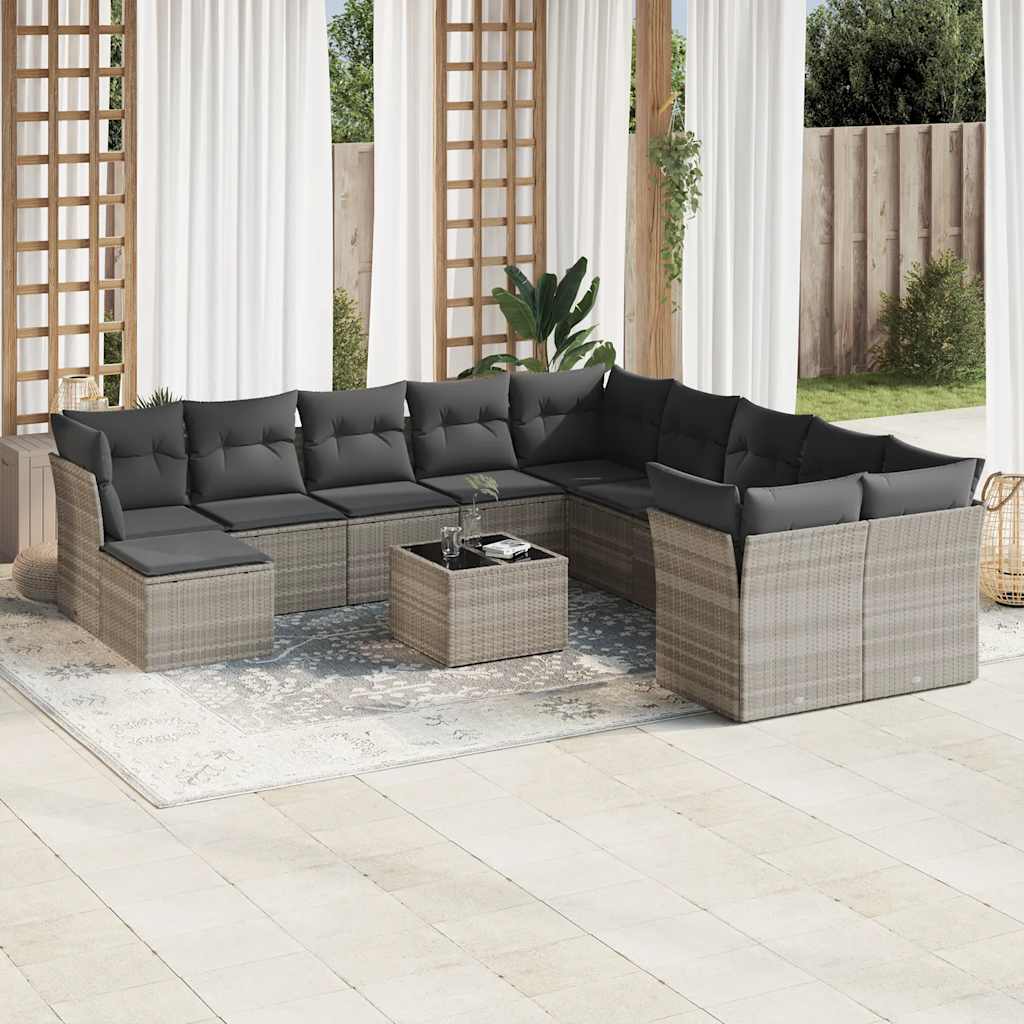 12 Pcs conj. sofás jardim com almofadões vime PE cinzento-claro