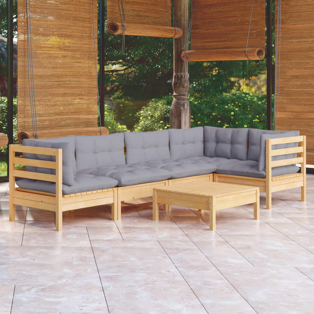 6 Pcs conjunto lounge de jardim c/ almofadões cinza pinho