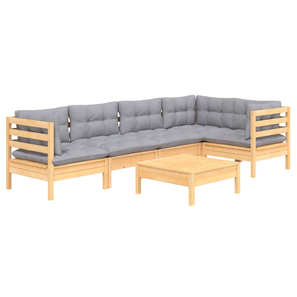 6 Pcs conjunto lounge de jardim c/ almofadões cinza pinho