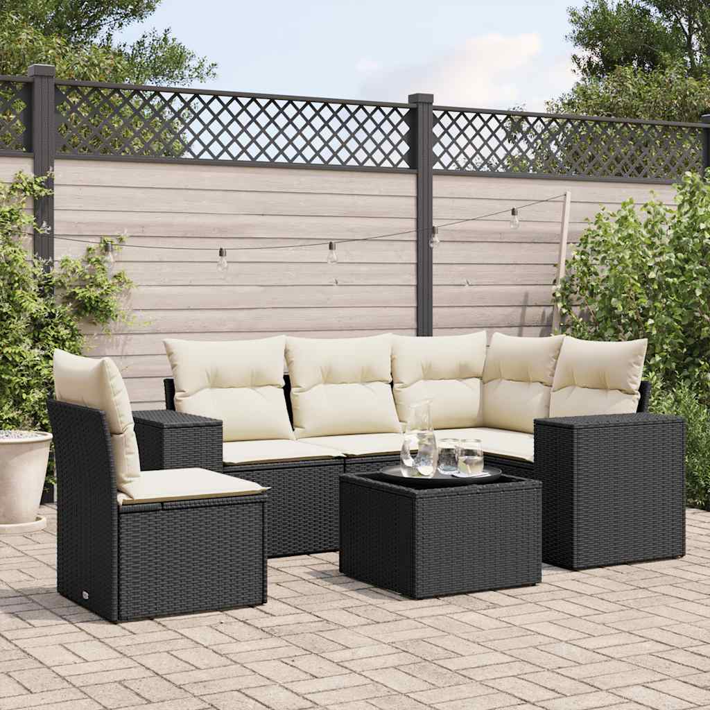 6 Pcs conjunto sofás de jardim c/ almofadões vime PE preto