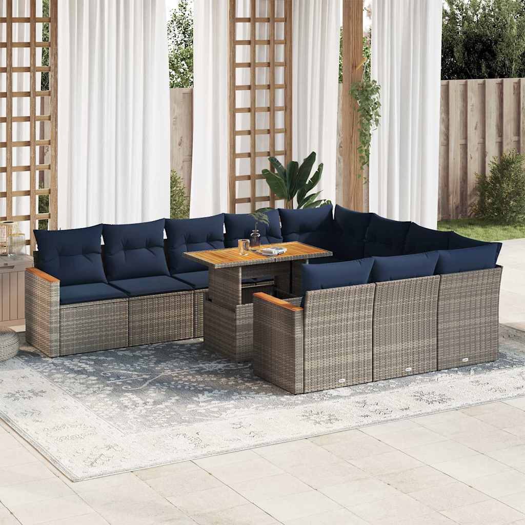 11 Pcs conjunto sofás de jardim c/ almofadões vime PE cinzento