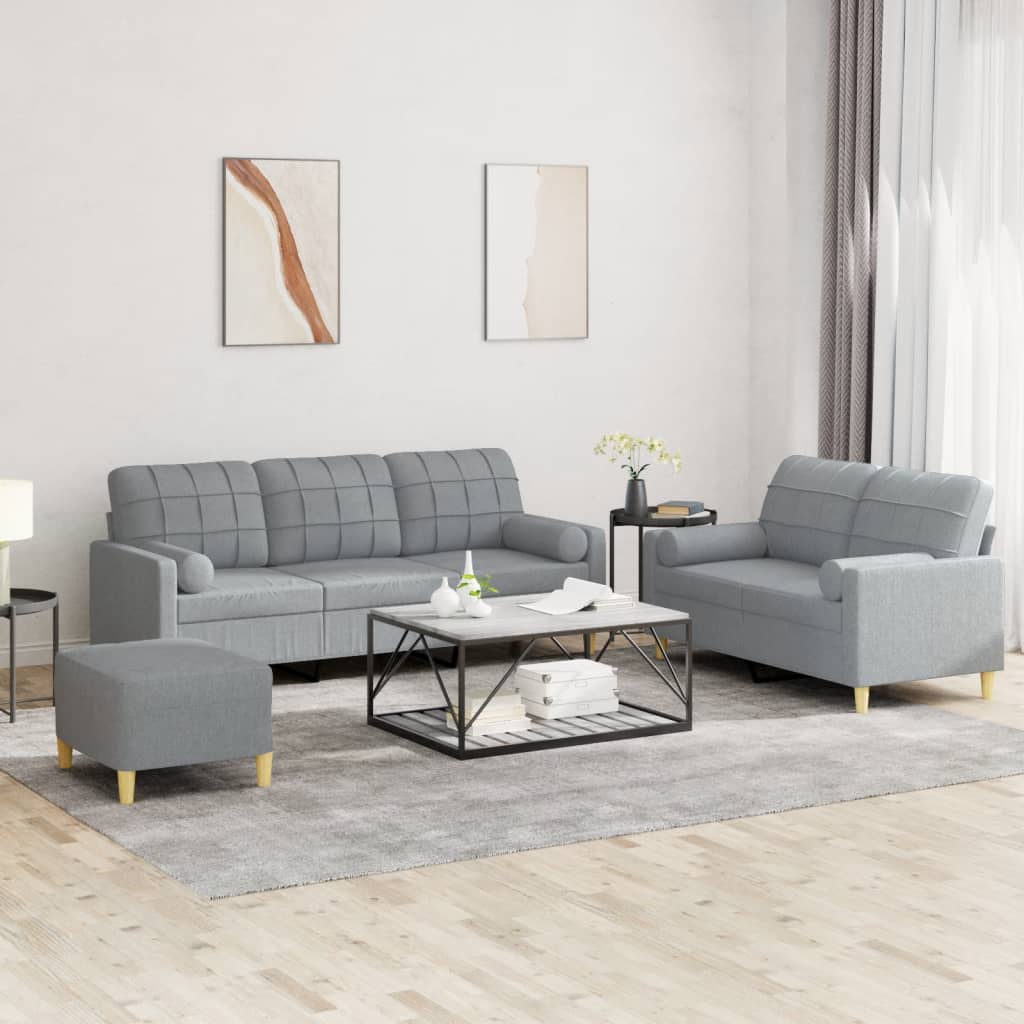 3 Pcs conjunto de sofás com almofadas tecido cinzento-claro