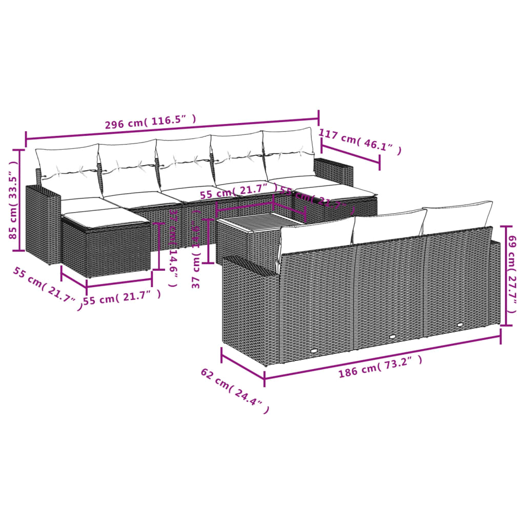 11 Pcs conjunto sofás de jardim c/ almofadões vime PE bege