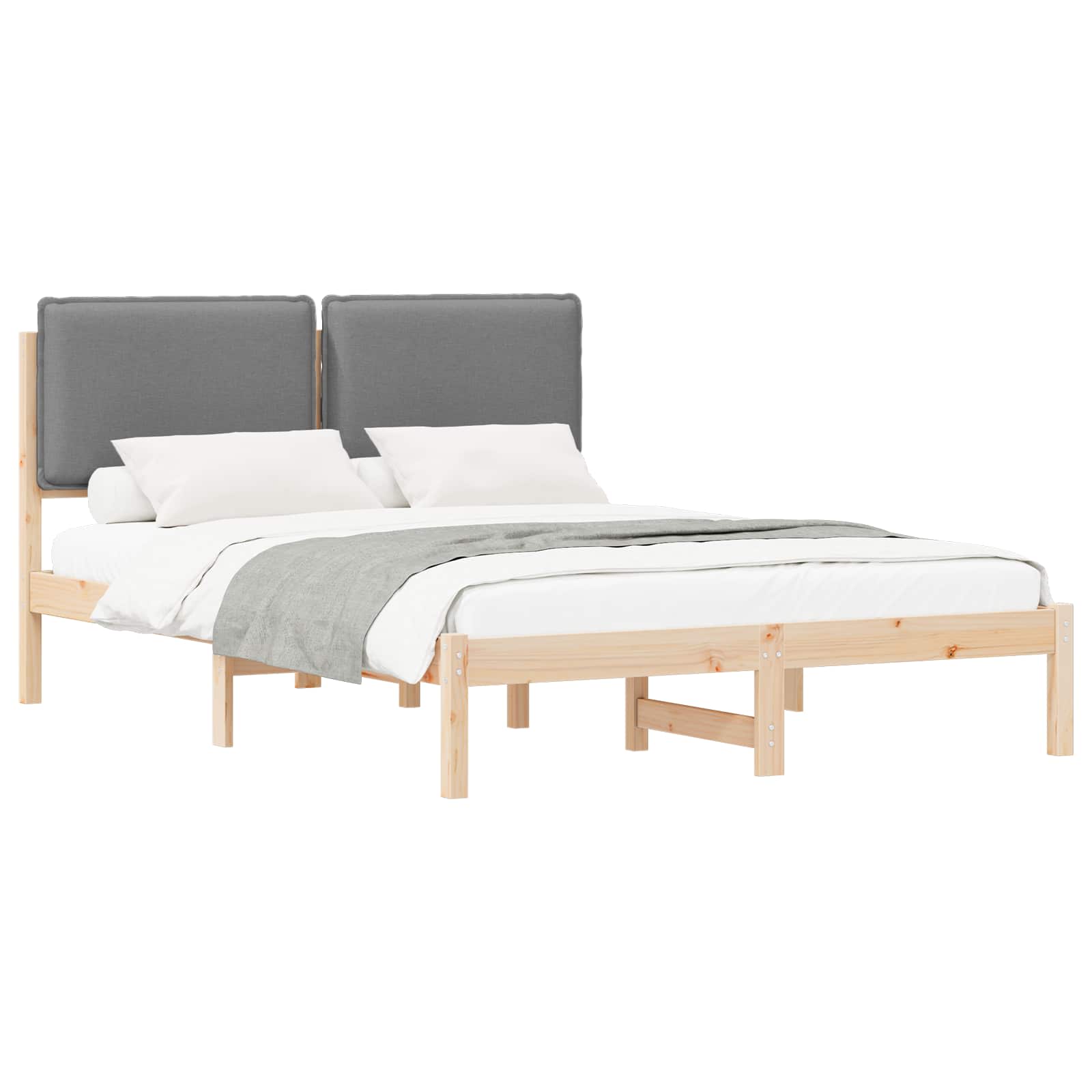 Estrutura de cama com cabeceira estofada cinzento-claro