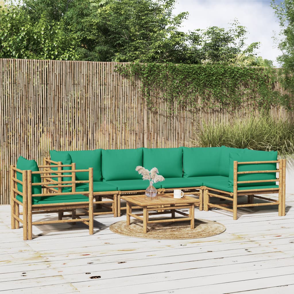 7 Pcs conjunto lounge de jardim bambu c/ almofadões verdes