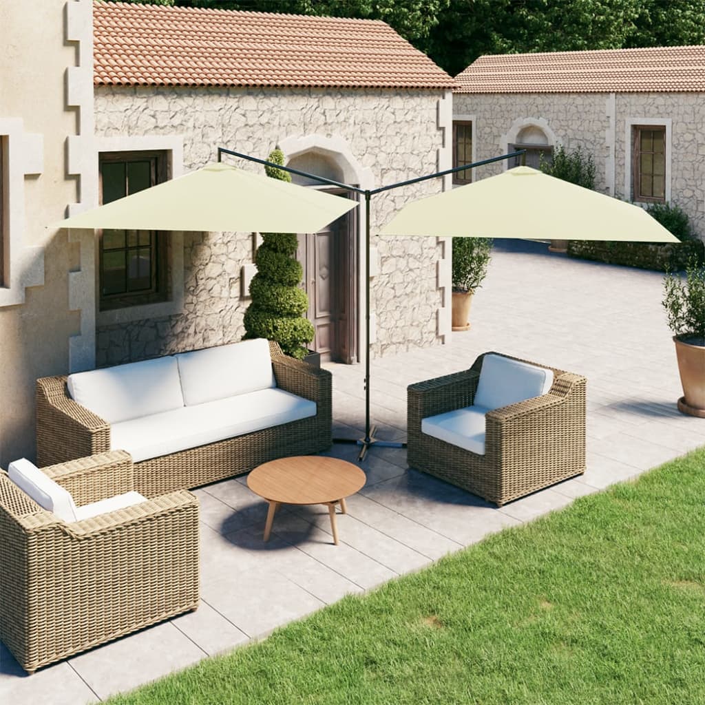 Guarda-sol de jardim duplo com poste de aço 600x300 cm areia