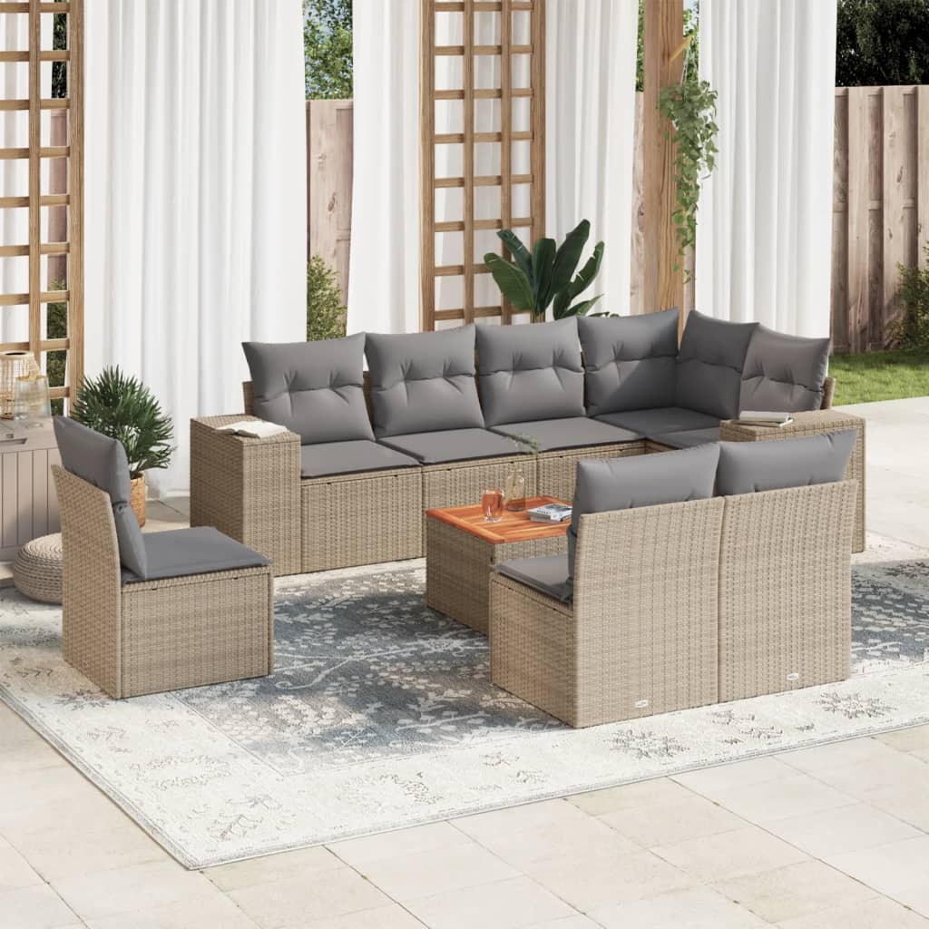 9 Pcs conjunto de sofás p/ jardim com almofadões vime PE bege