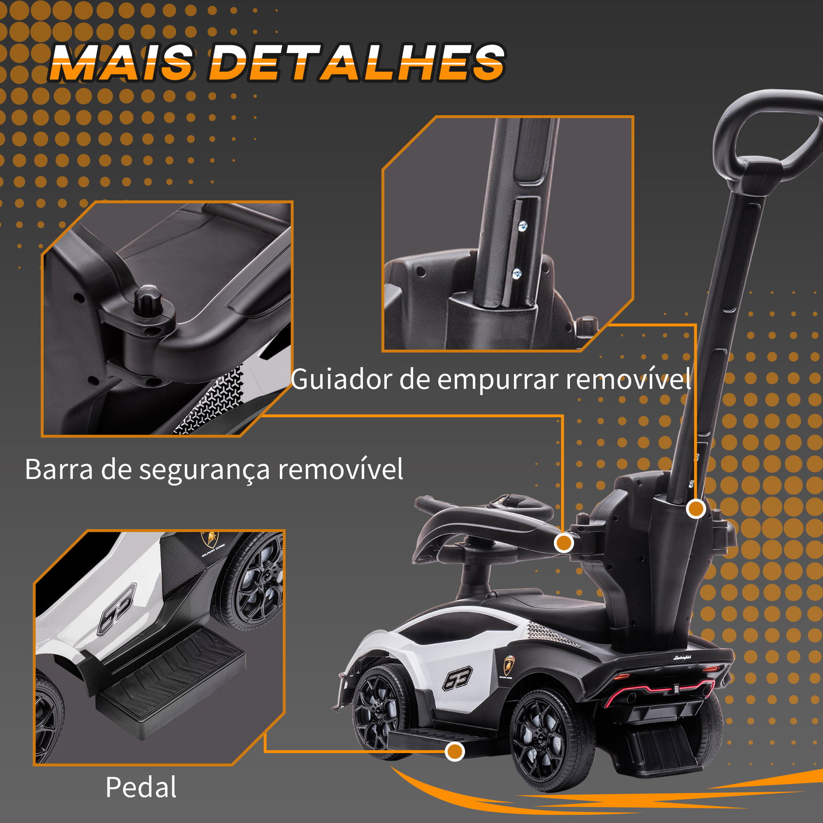 2 Em 1 carro andador para crianças 12-36 meses lamborghini essenza scv2 carro andador com buzina guiador e grade de segurança removível 86,5x40x89,5cm branco e preto