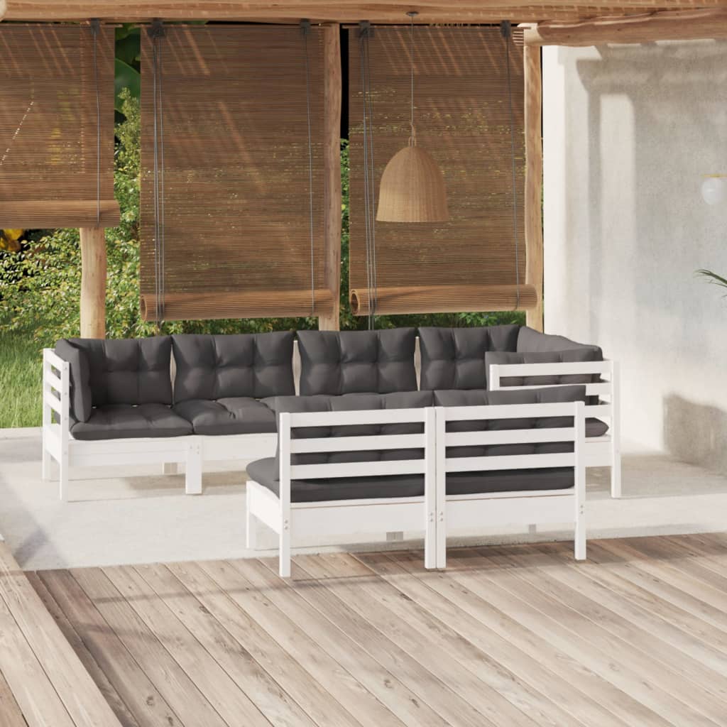 7 Pcs conj. lounge de jardim c/ almofadões pinho maciço branco
