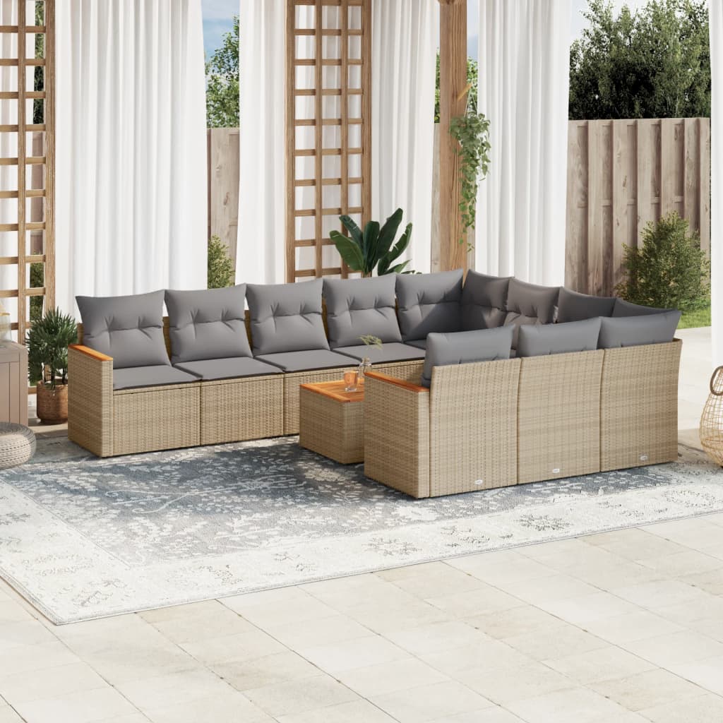 11 Pcs conjunto sofás de jardim c/ almofadões vime PE bege