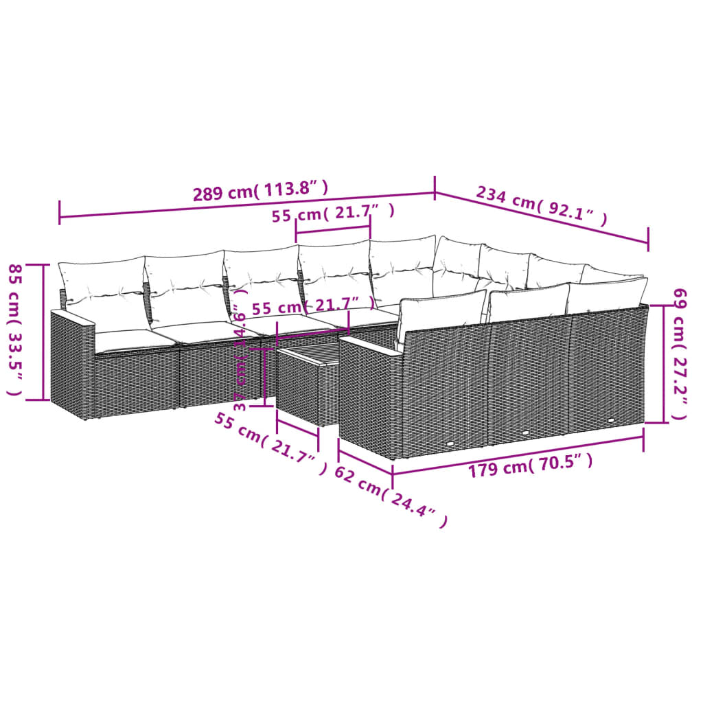 11 Pcs conjunto sofás de jardim c/ almofadões vime PE bege