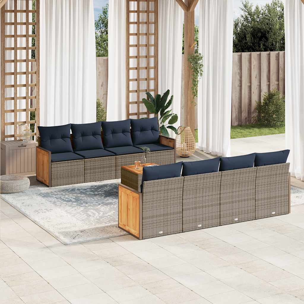 Conjunto de sofá de jardim de 9 peças com almofadas em rattan sintético cinza