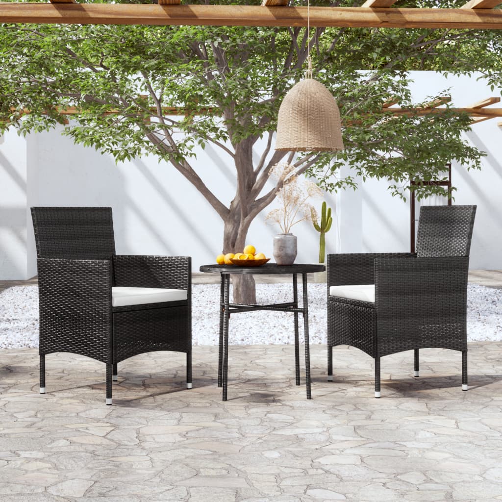 3 Pcs conjunto de jantar para jardim vime PE preto