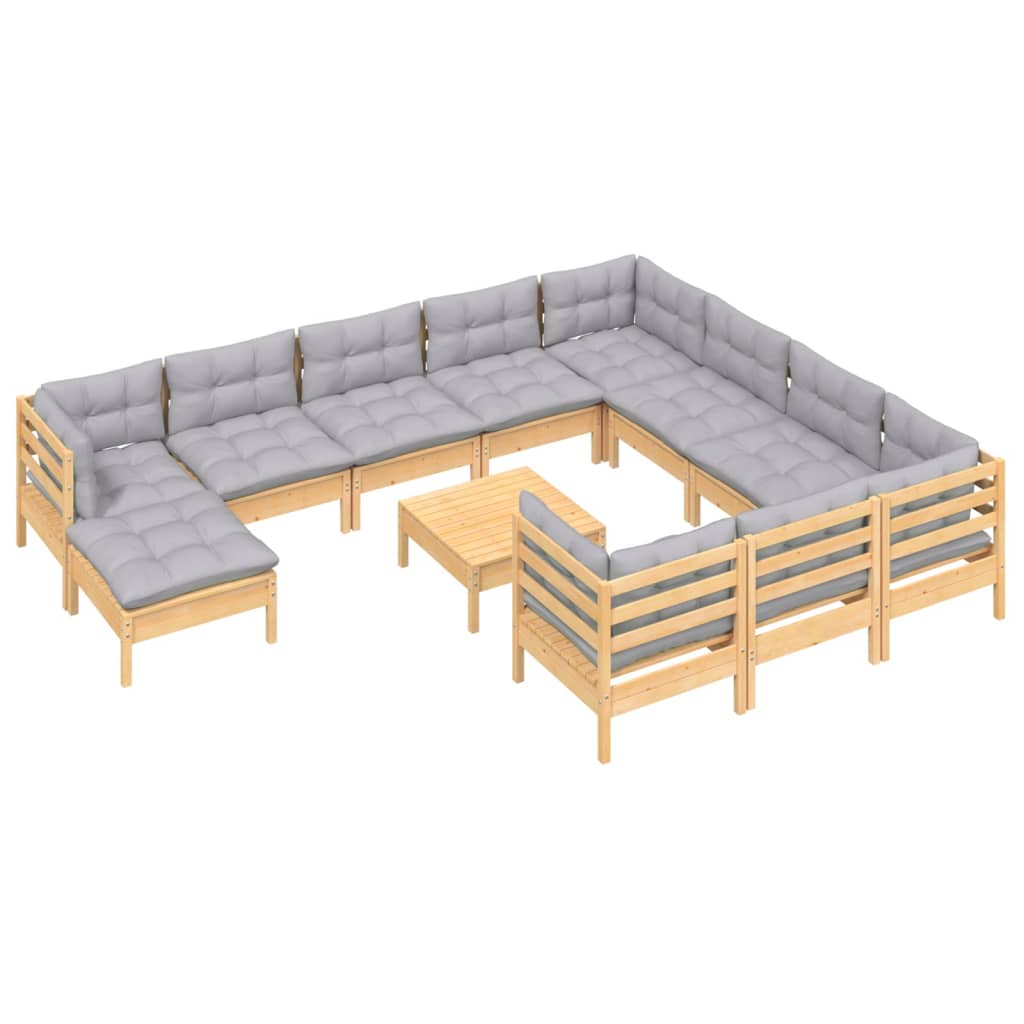 12 Pcs conjunto lounge de jardim c/ almofadões cinza pinho