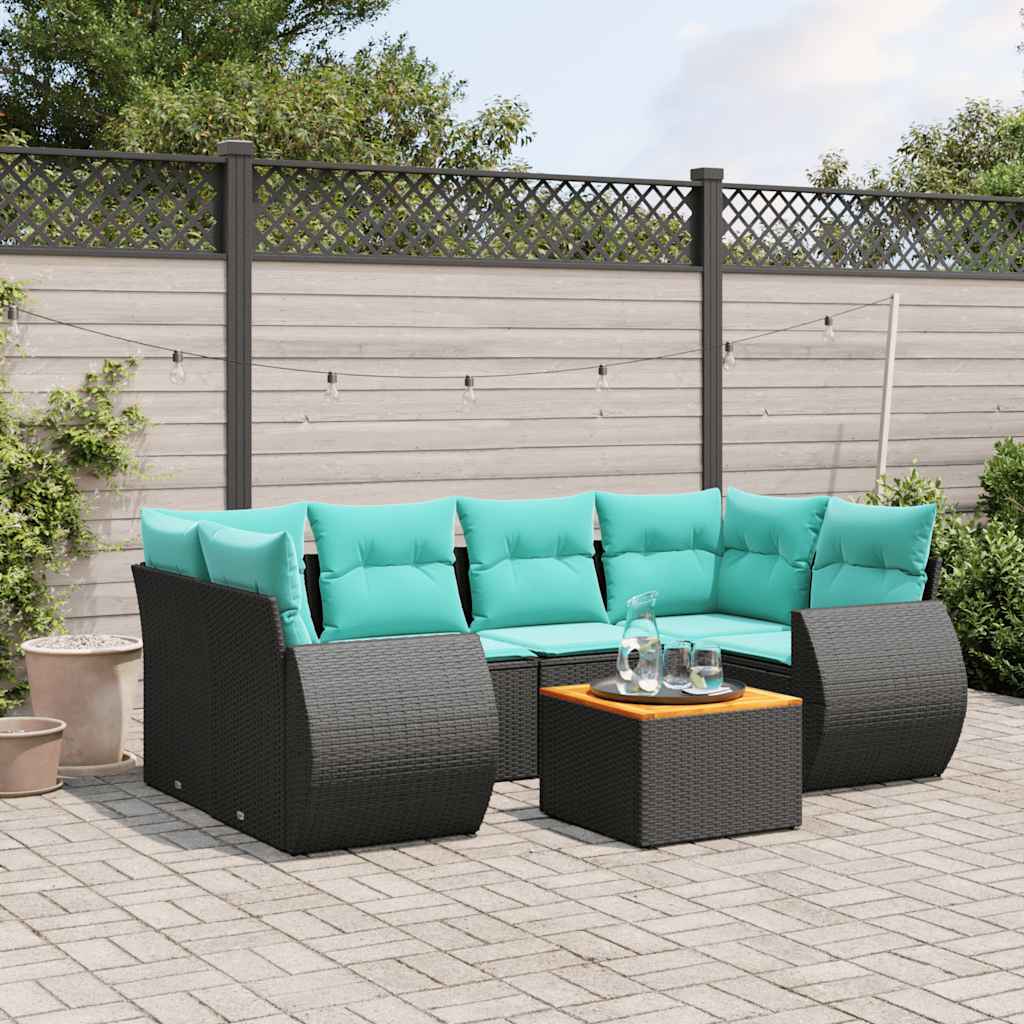 Conjunto de sofá de jardim com 7 peças e almofadas em rattan sintético preto