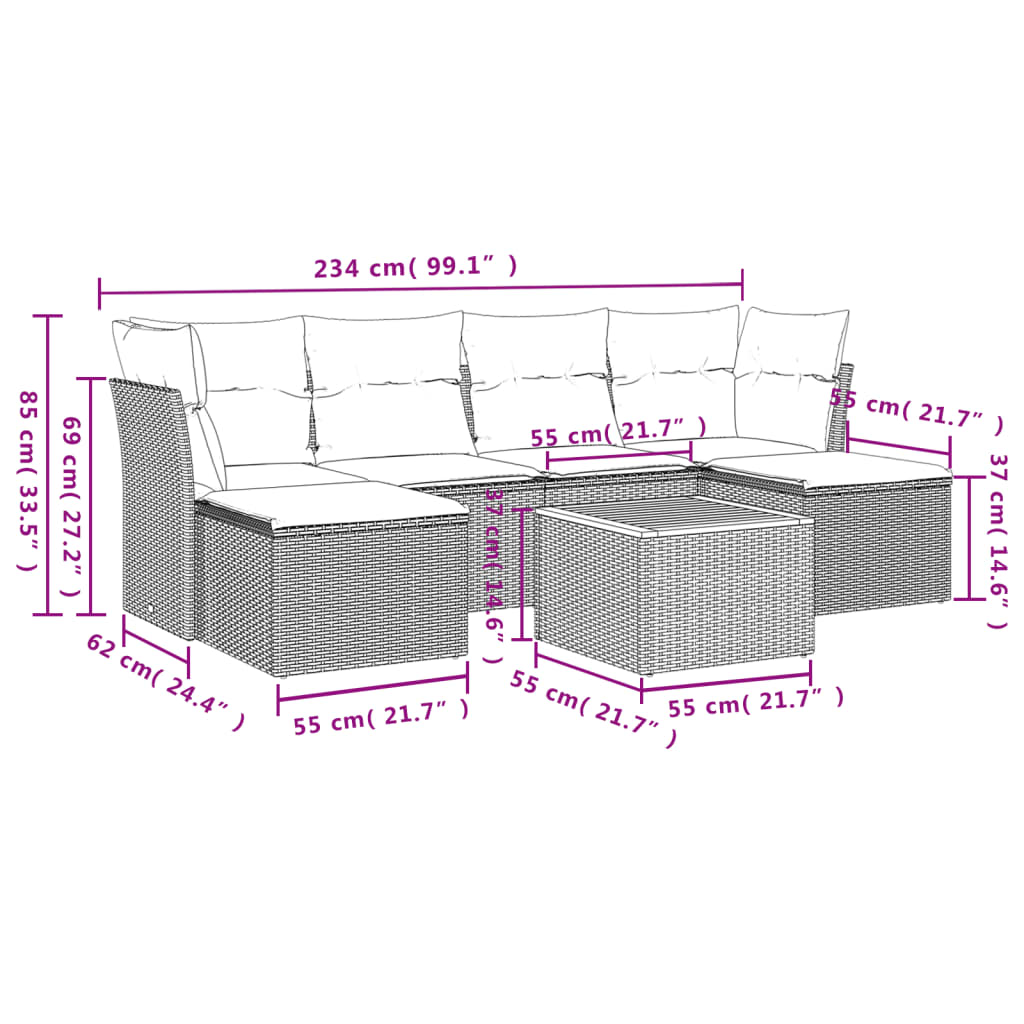 7 Pcs conjunto de sofás p/ jardim c/ almofadões vime PE preto