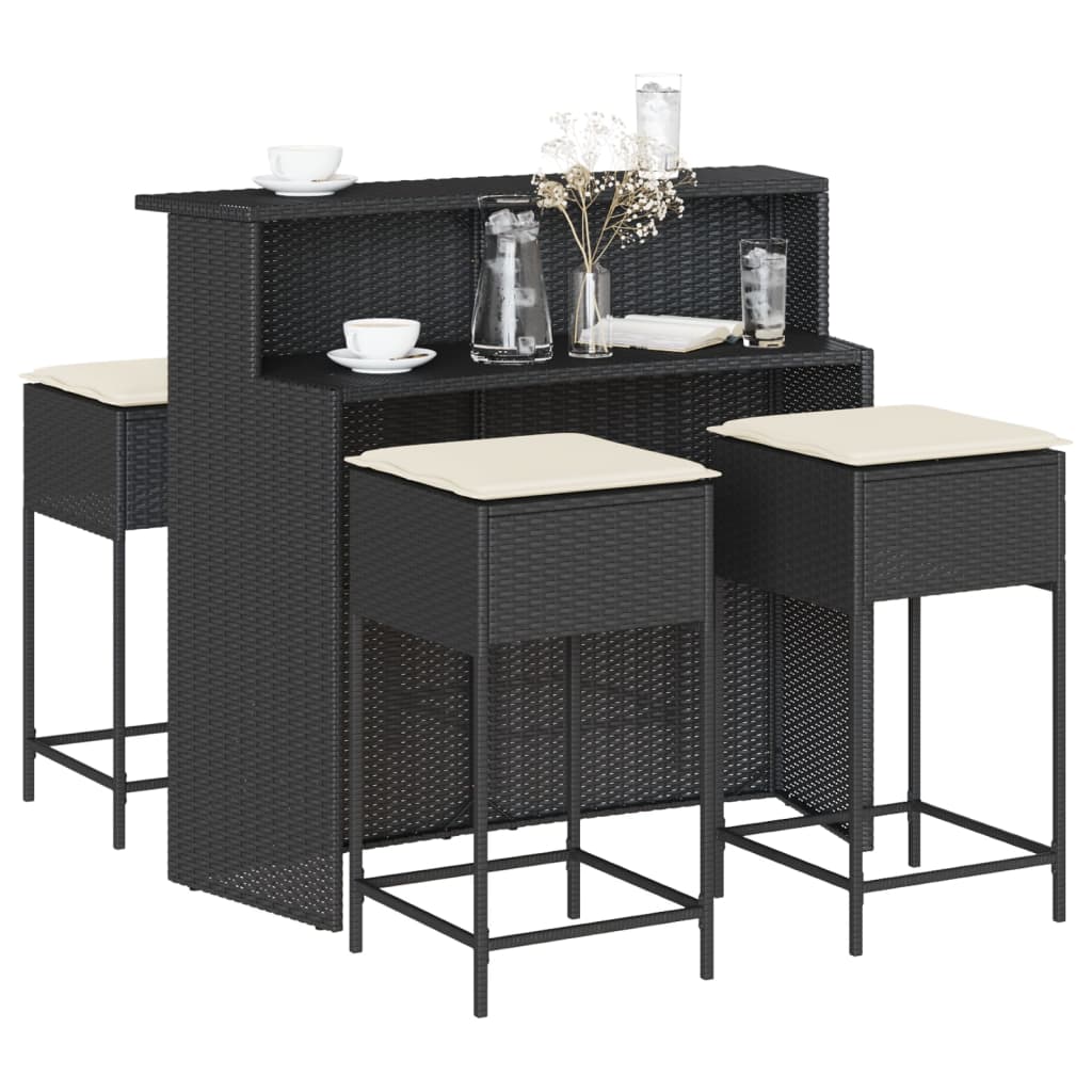 5 Pcs conjunto de bar p/ jardim c/ almofadões vime PE preto