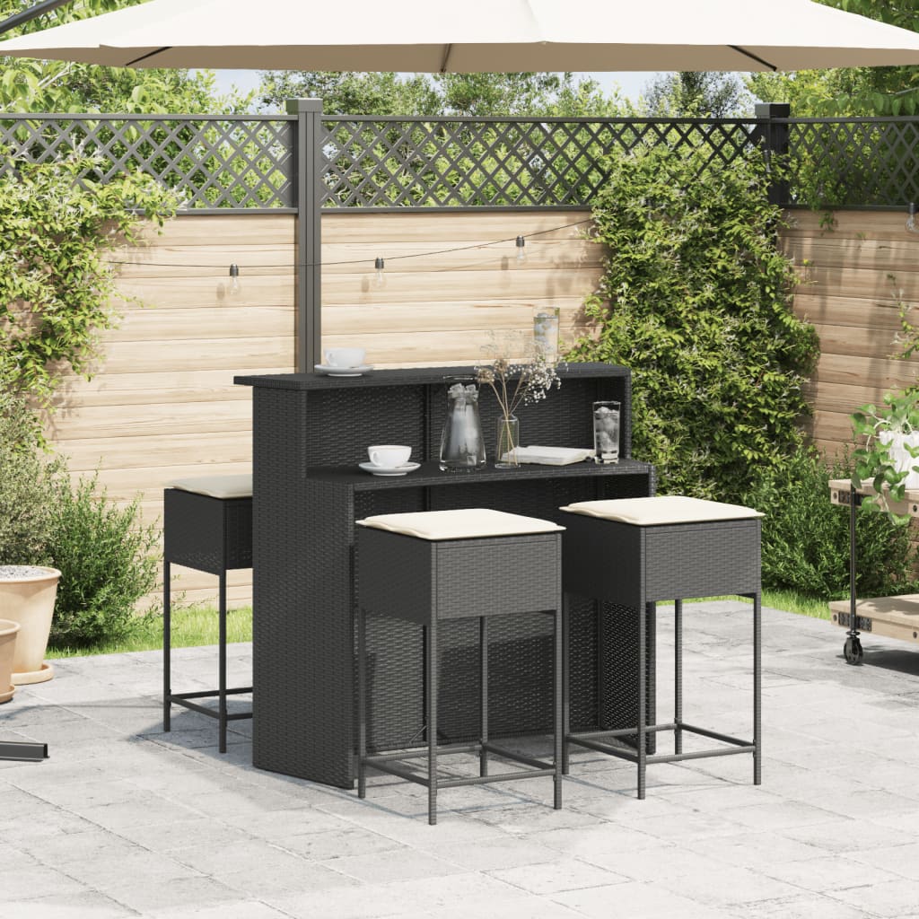 5 Pcs conjunto de bar p/ jardim c/ almofadões vime PE preto