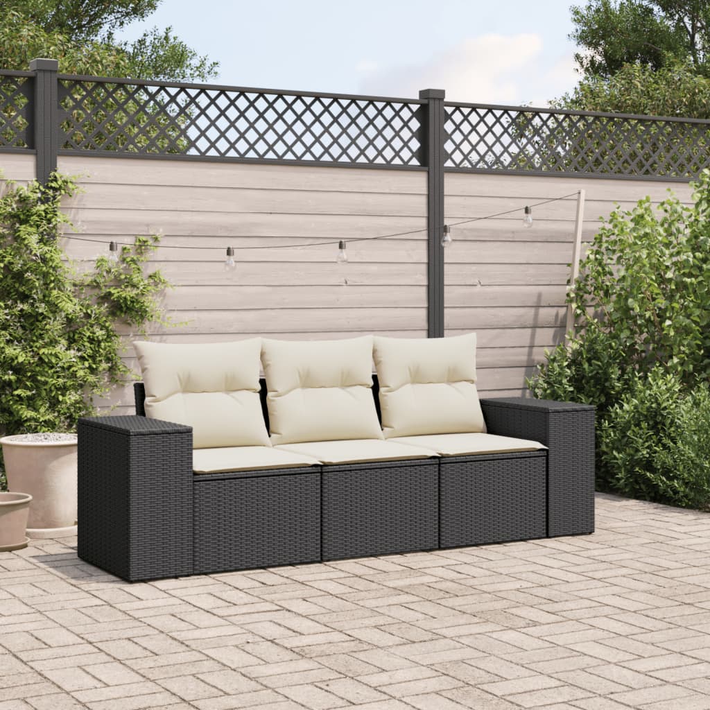 3 Pcs conjunto sofás de jardim com almofadões vime PE preto