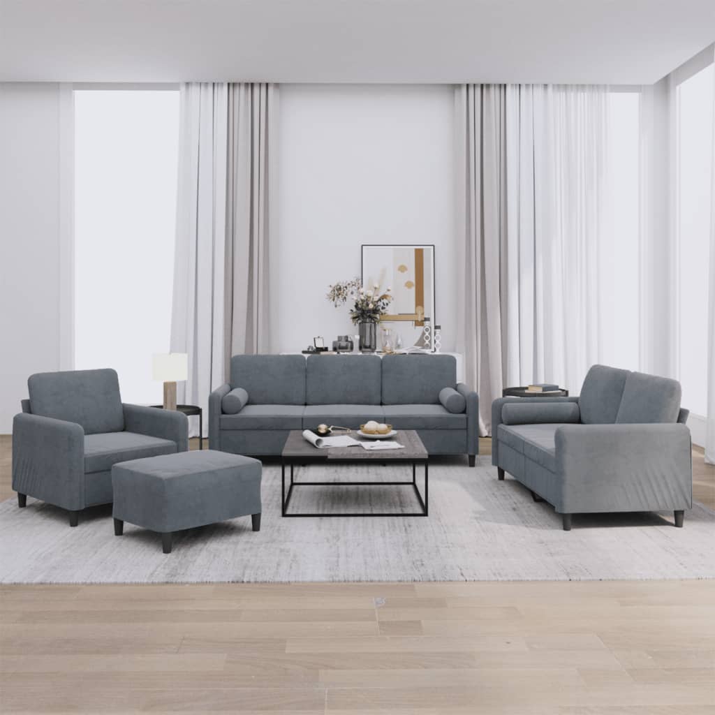 4 Pcs conjunto de sofás com almofadas veludo cinzento-escuro