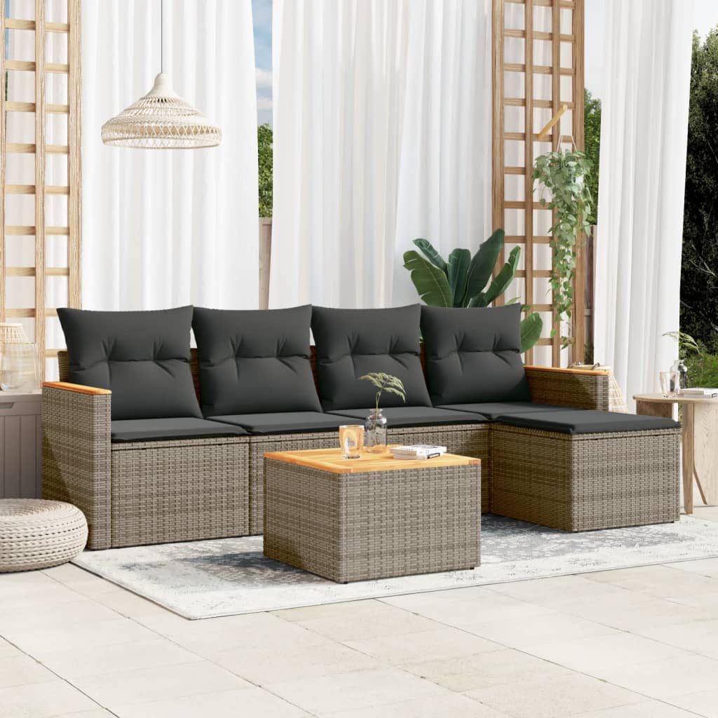 6 Pcs conjunto sofás de jardim com almofadões vime cinzento