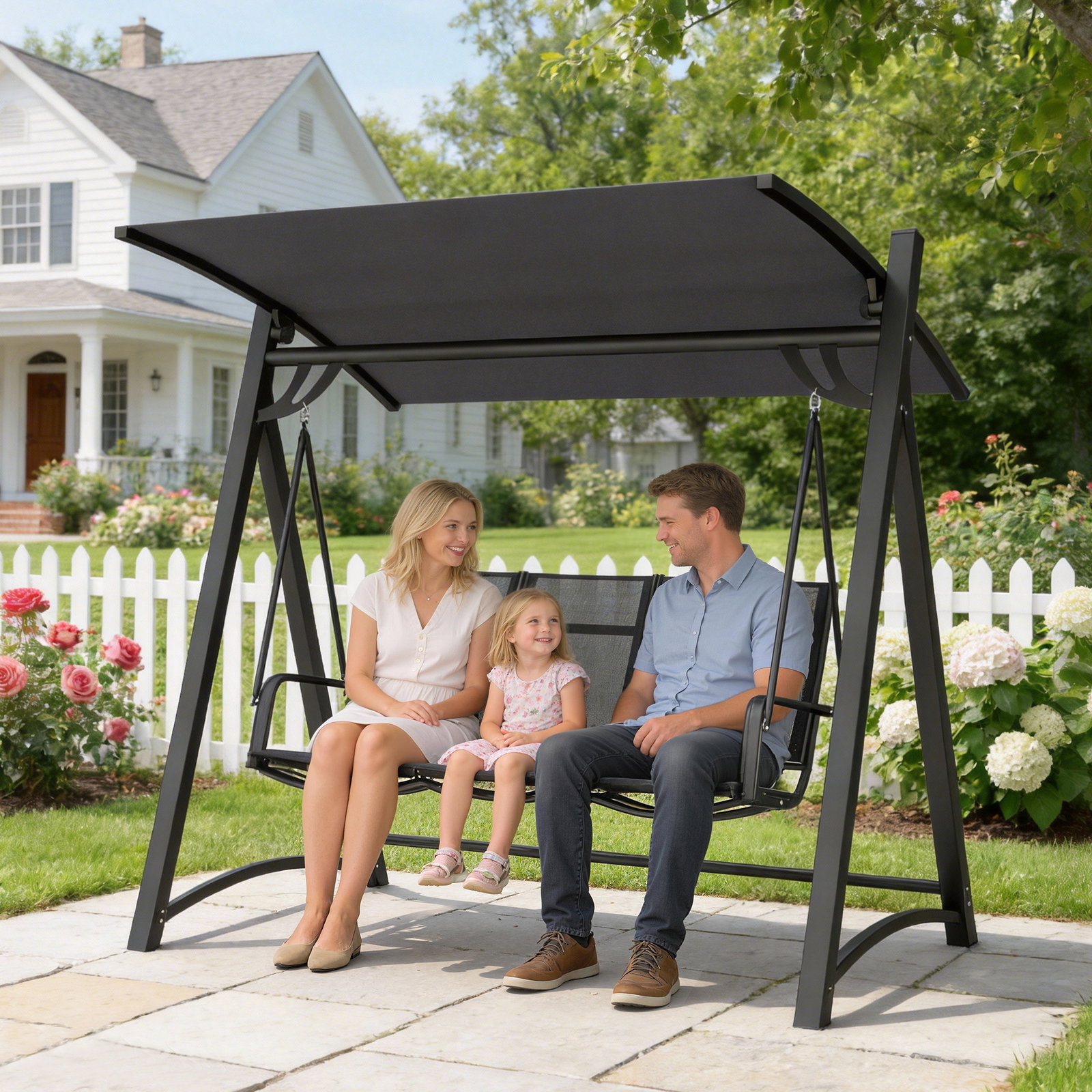 Baloiço de jardim de 3 lugares com teto ajustável upf50+ assento transpirável e estrutura em metal 188x130x183 cm cinza