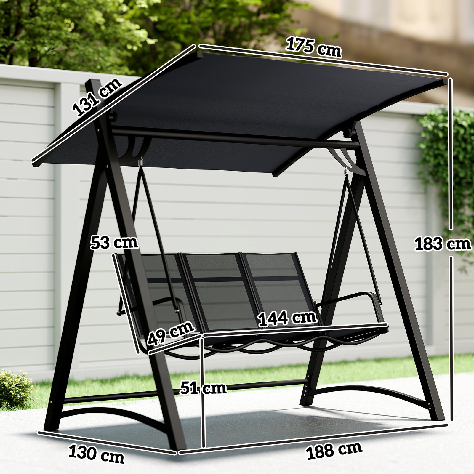 Baloiço de jardim de 3 lugares com teto ajustável upf50+ assento transpirável e estrutura em metal 188x130x183 cm cinza