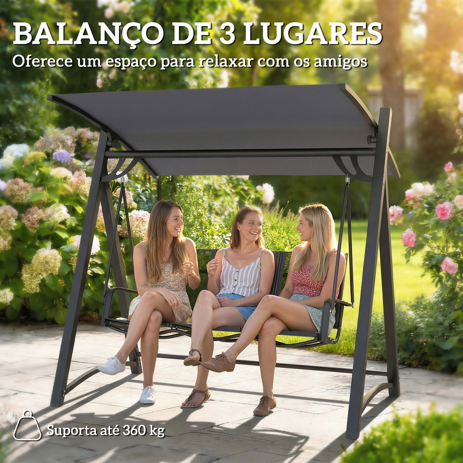 Baloiço de jardim de 3 lugares com teto ajustável upf50+ assento transpirável e estrutura em metal 188x130x183 cm cinza