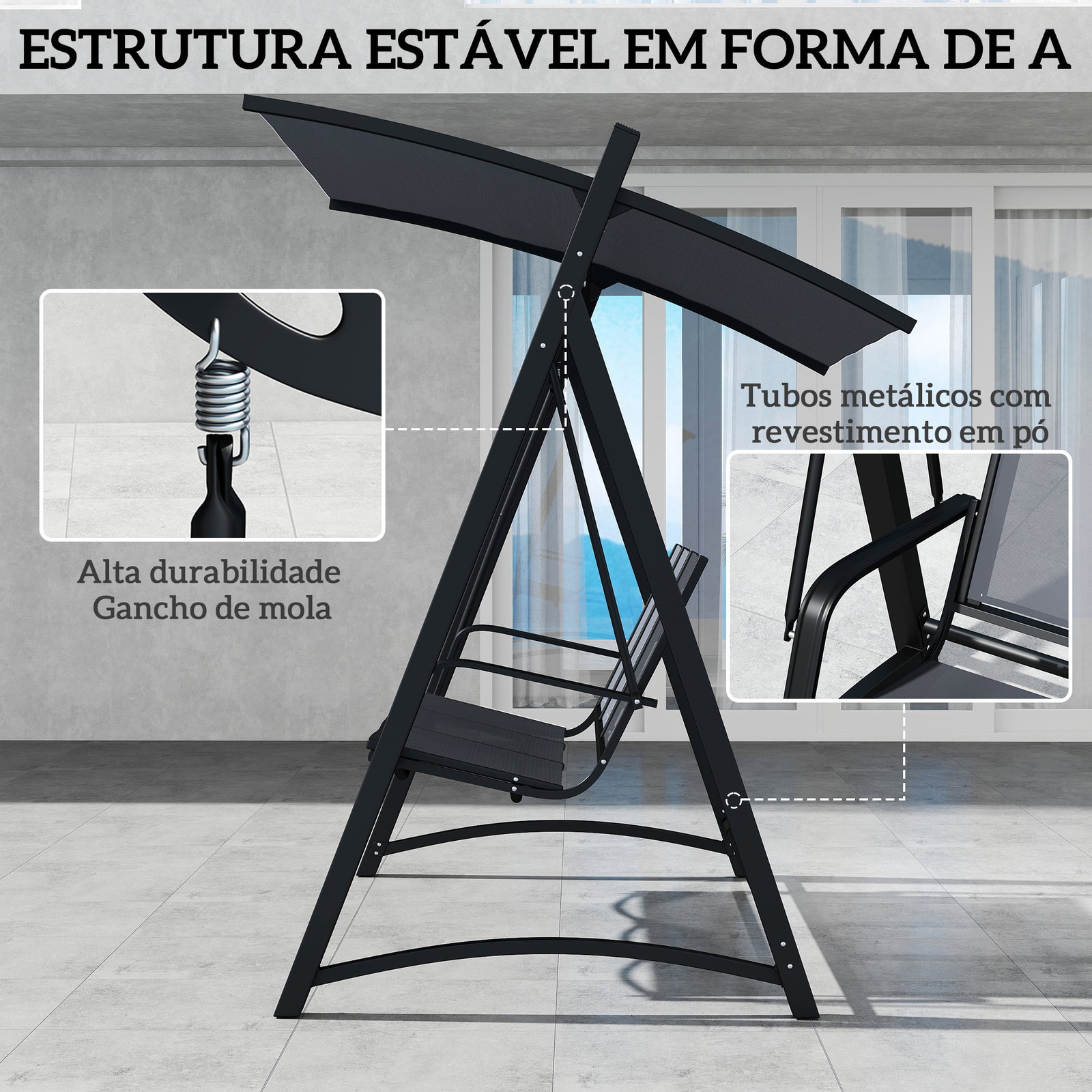 Baloiço de jardim de 3 lugares com teto ajustável upf50+ assento transpirável e estrutura em metal 188x130x183 cm cinza