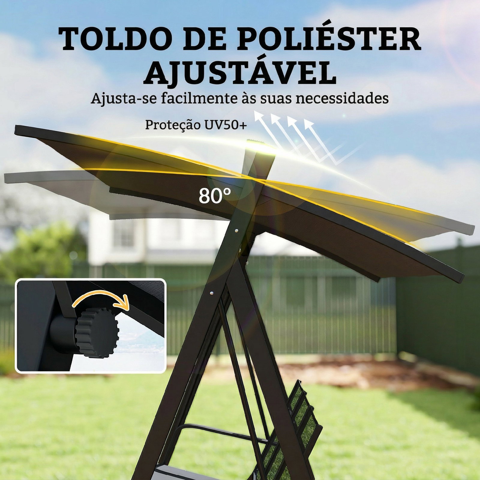 Baloiço de jardim de 3 lugares com teto ajustável upf50+ assento transpirável e estrutura em metal 188x130x183 cm cinza