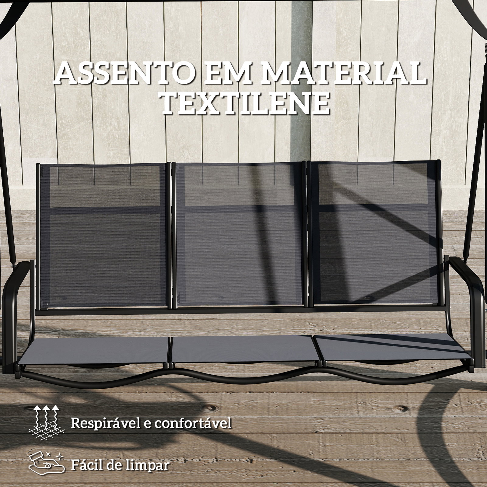 Baloiço de jardim de 3 lugares com teto ajustável upf50+ assento transpirável e estrutura em metal 188x130x183 cm cinza