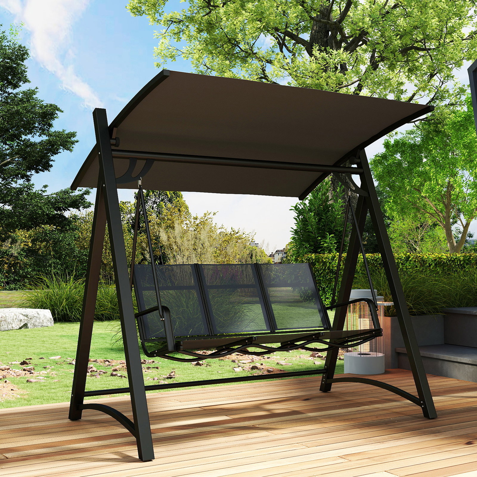 Baloiço de jardim de 3 lugares com teto ajustável upf50+ assento transpirável e estrutura em metal 188x130x183 cm cinza
