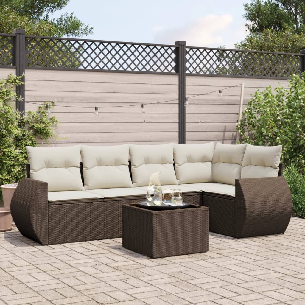 6 Pcs conjunto de sofás jardim c/ almofadões vime PE castanho