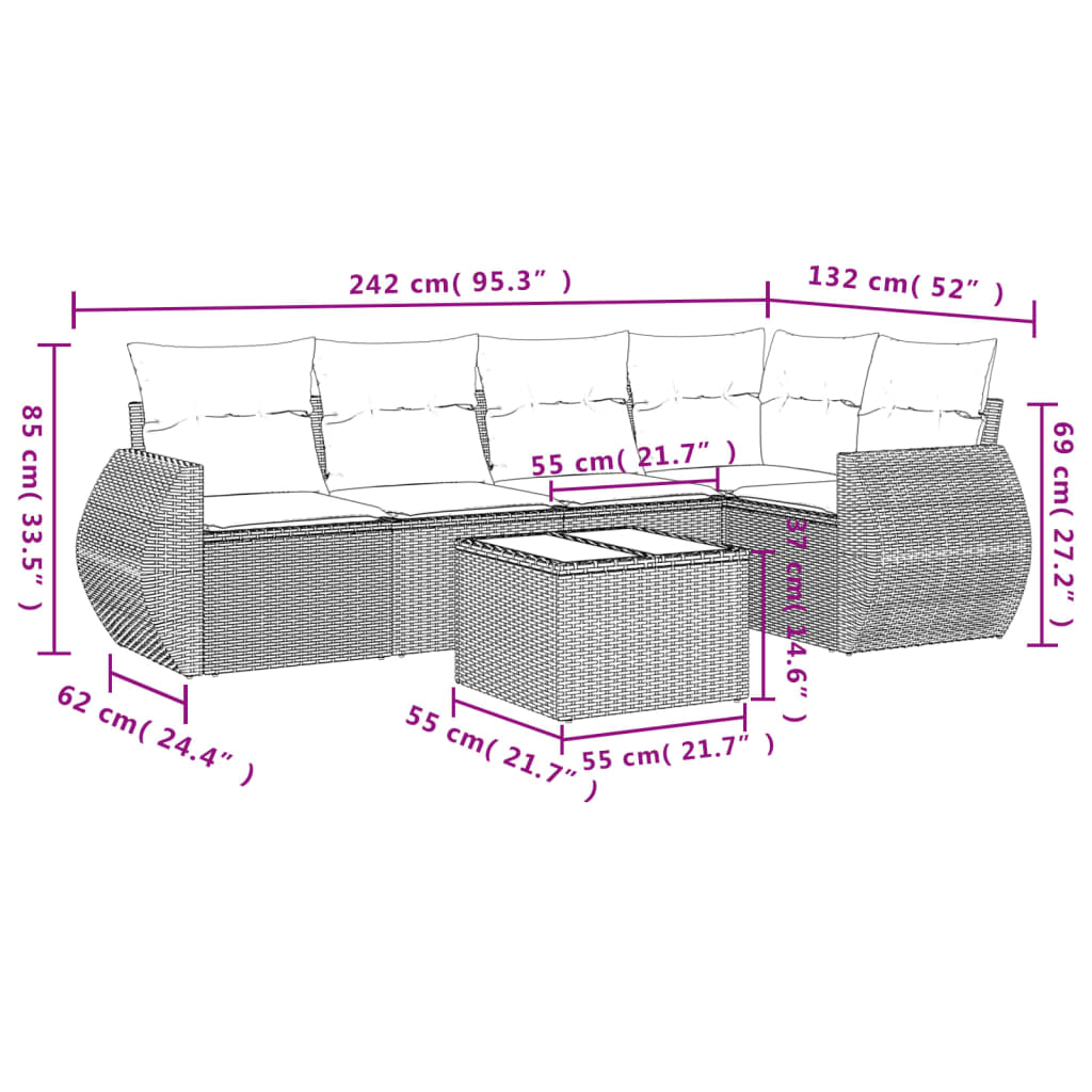 6 Pcs conjunto de sofás jardim c/ almofadões vime PE castanho