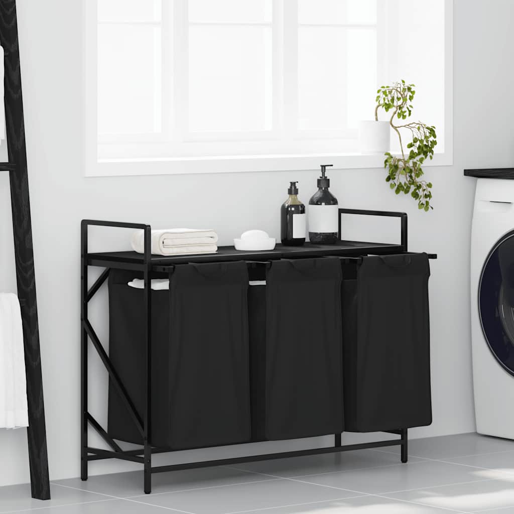Cesto de roupa suja com 3 compartimentos e prateleira, cor carvalho preto